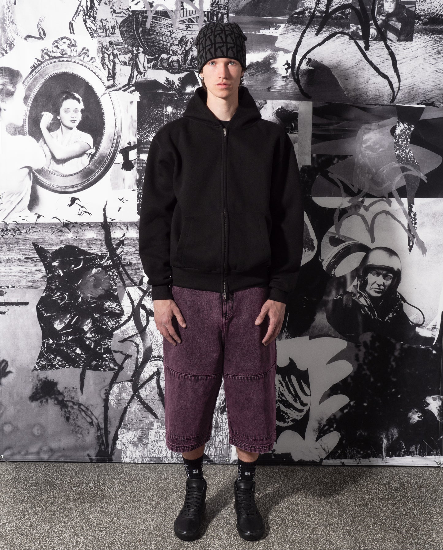 Double Zip Spray Hoodie - Black